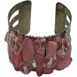 Vintage Silver Cuff Bracelet With Pink Gemstone Beads & Wire Detailing